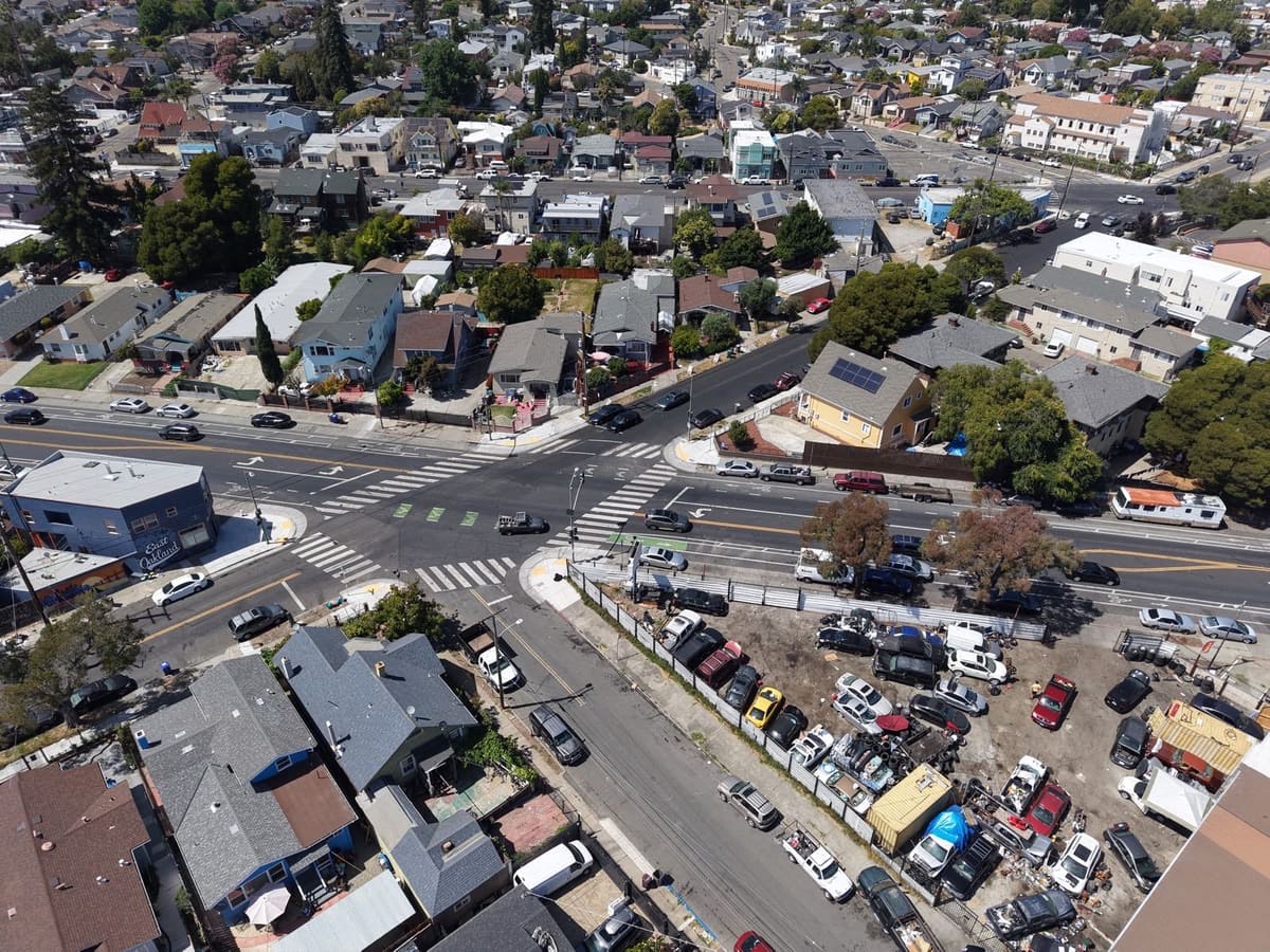 Drone photo of an East Oakland neighborhood taken by Revalue